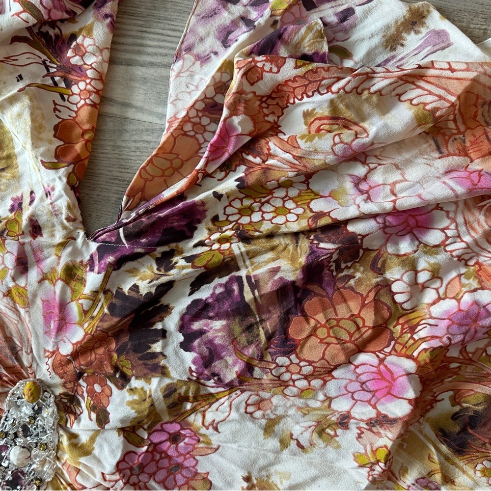Badgley Mischka Silk Beaded Floral Kaftan Mini Dress Medium - Picture 12 of 16